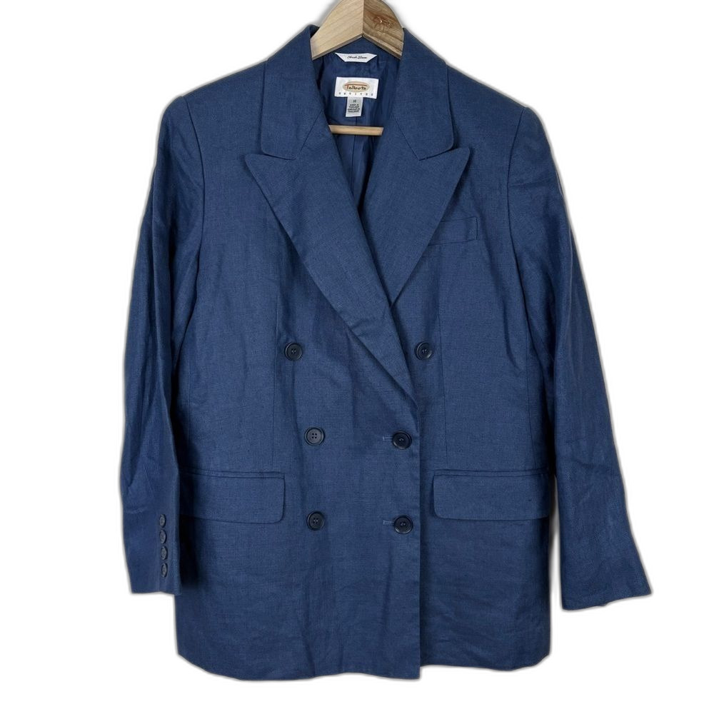 Talbots Vintage Blue 100% Linen Double Breasted Jacket 10 Petite Coastal Classic